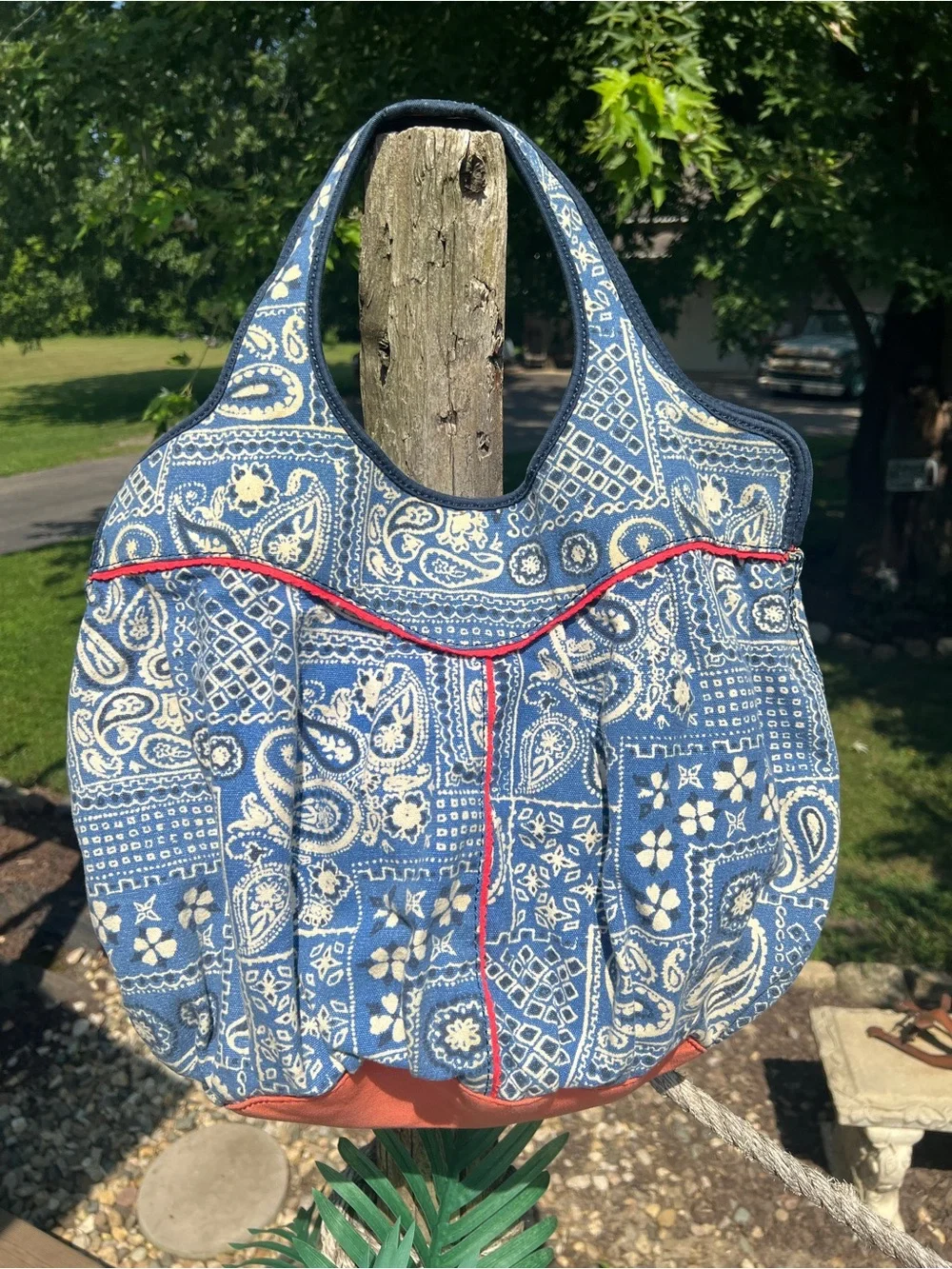 Lucky Brand Blue Paisley Quilted Tote Bag with Red Trim